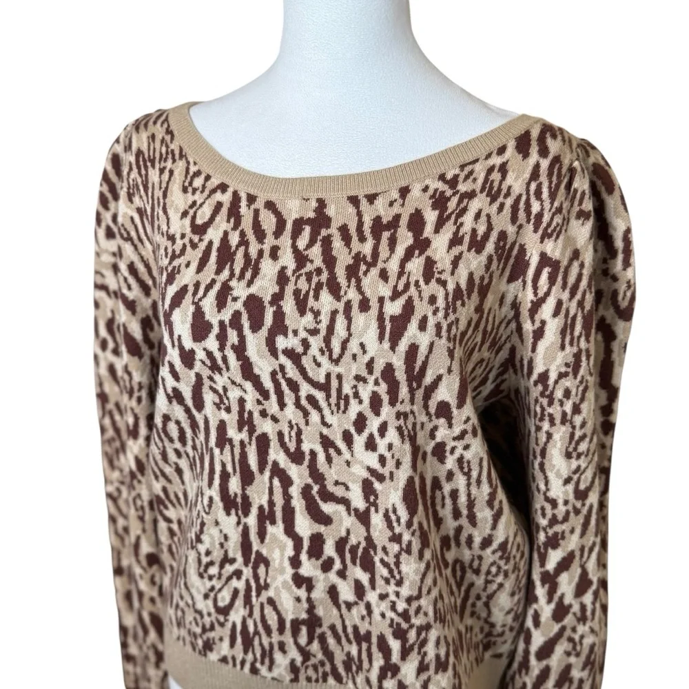 Anthropologie Maeve Knit Leopard Print Sweater XL Puff Sleeve Soft‎ Chic Neutral